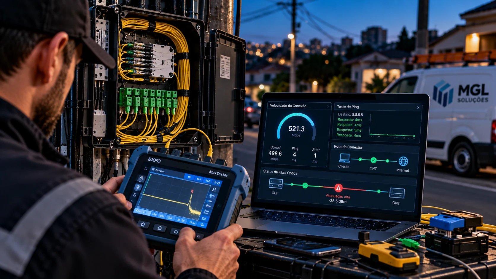 Técnico analisando rede com instrumentos e notebook (imagem ilustrativa)