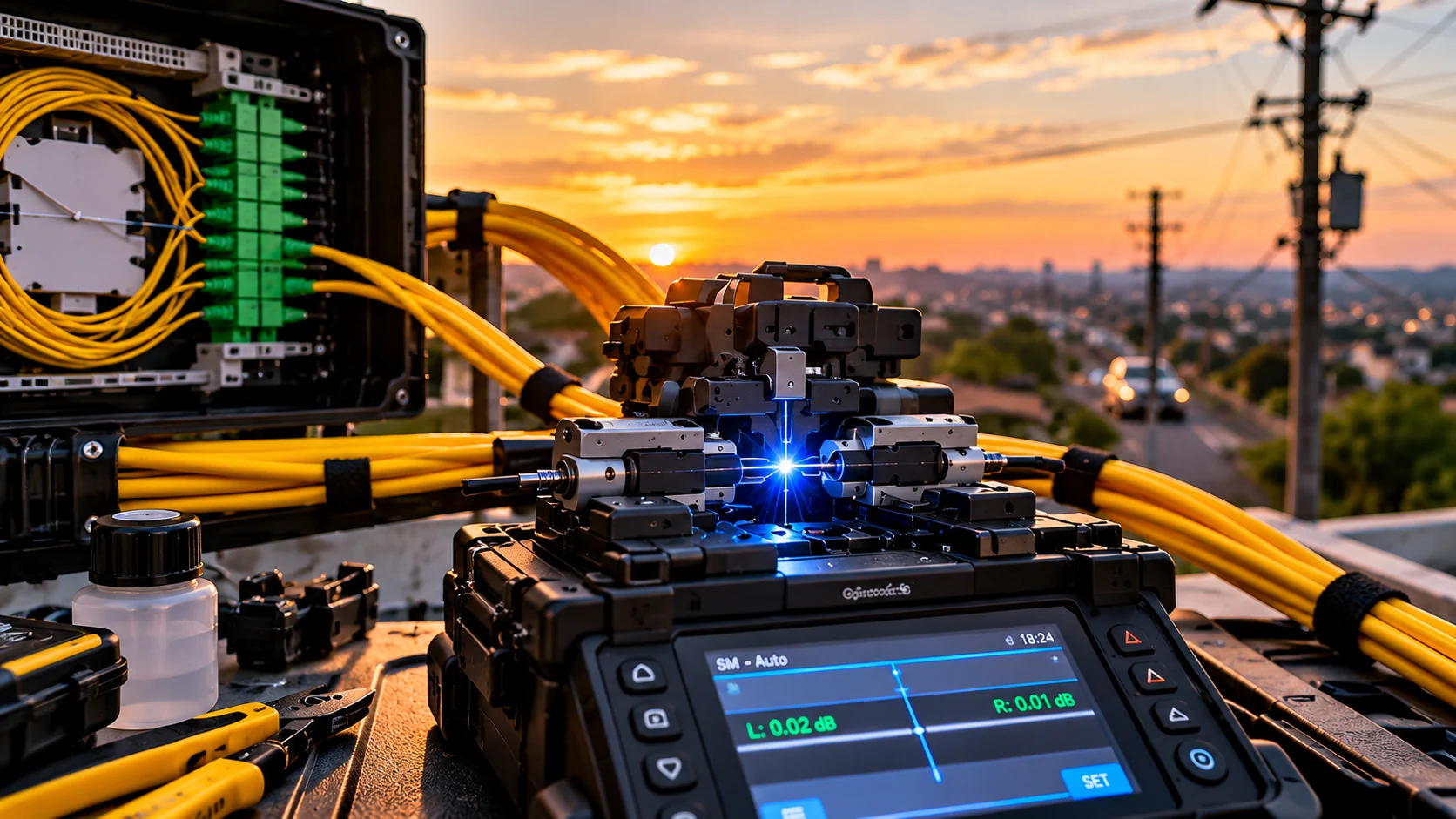 Equipamento de fibra óptica com fibras conectadas (imagem ilustrativa)