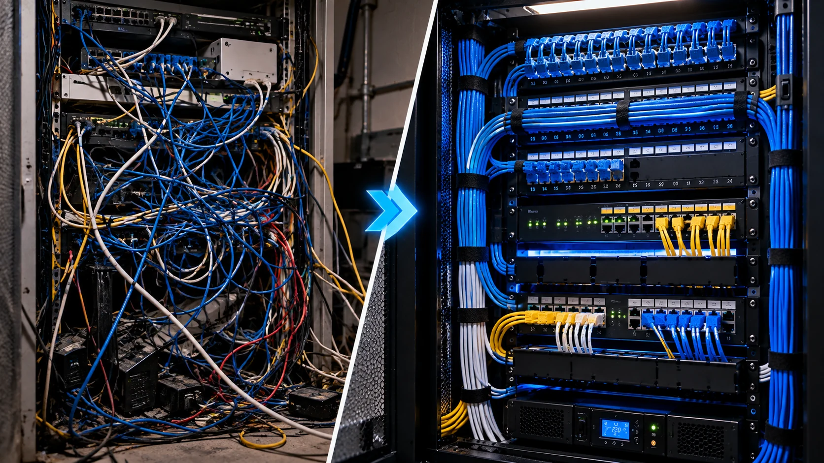 Comparativo antes e depois de organização de rack de rede (imagem ilustrativa)